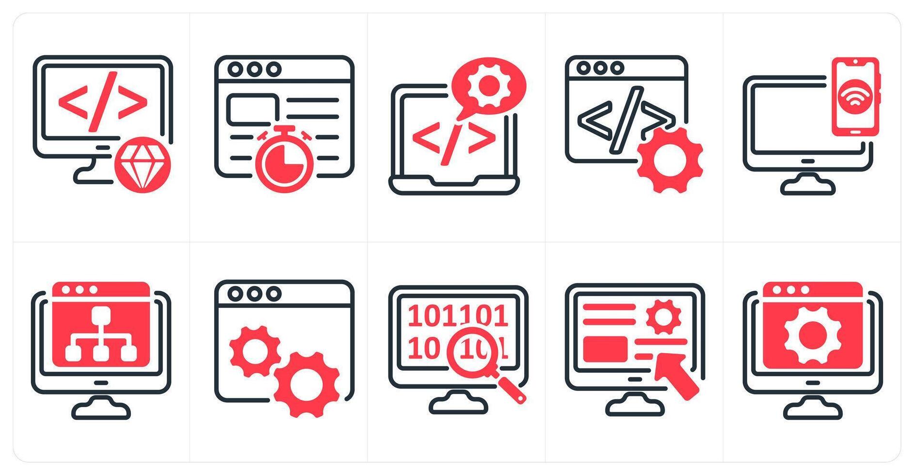 A set of 10 business and seo icons as clean code, website speed, software development in red color vector