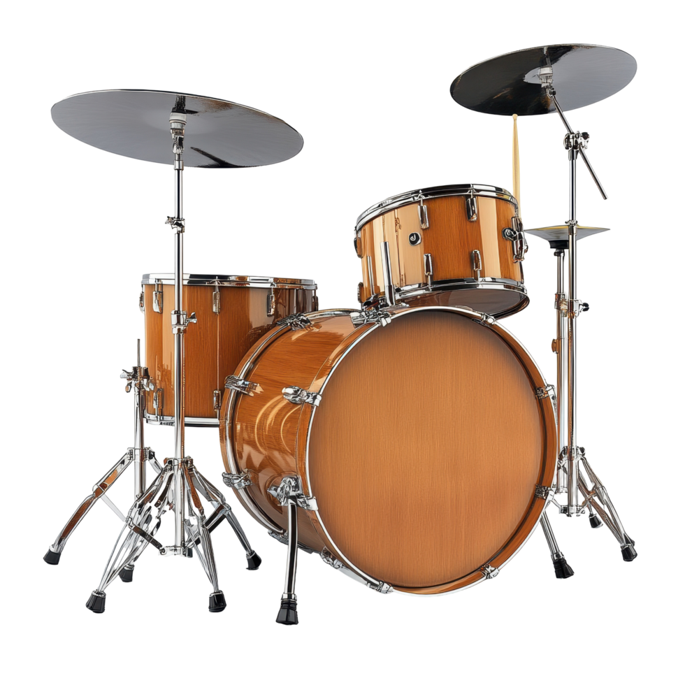 Studio quality drum kit in warm wood finish. png
