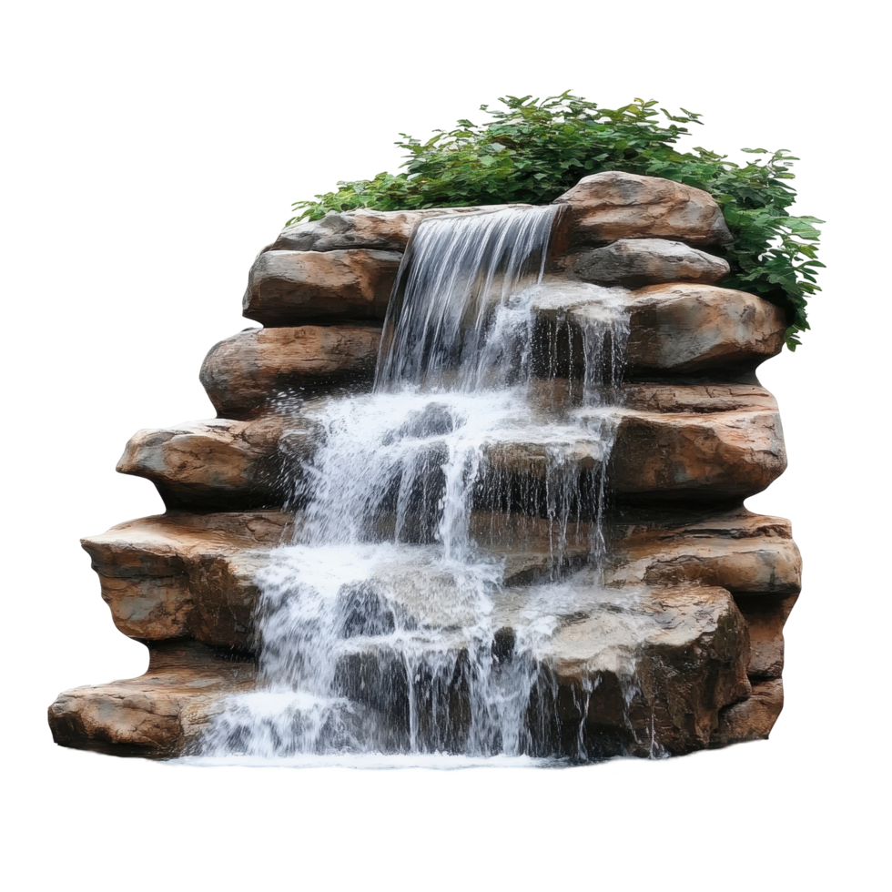 Artificial cascading waterfall with tiered rocks. png