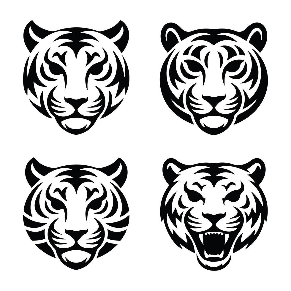 Set of tiger head illustrations in black and white. Tiger head design on white background.Tiger set logo icon Silhouette of a tiger head isolated on white background. vector