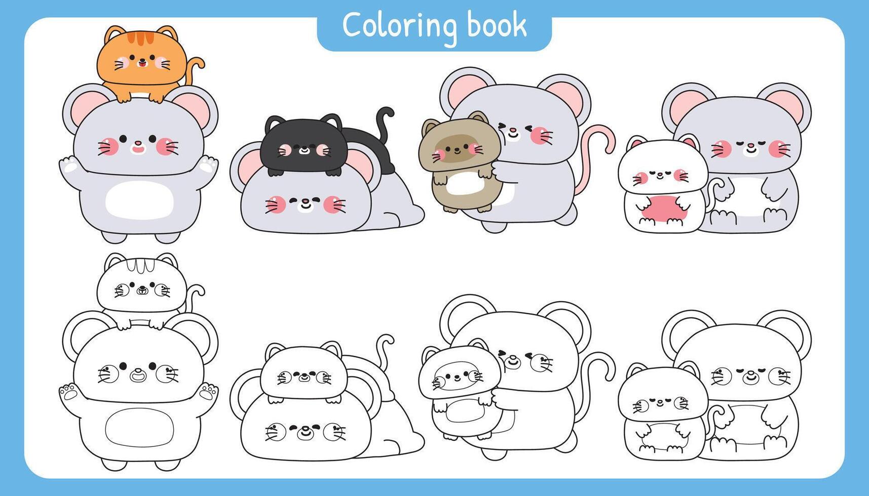 Coloring pages.Set of cute big rat mouse and tiny cat meow kitten stay together in various poses.Friendship.Love.Pet and rodent animal character cartoon.Painting book.Kawaii.Illustration. vector