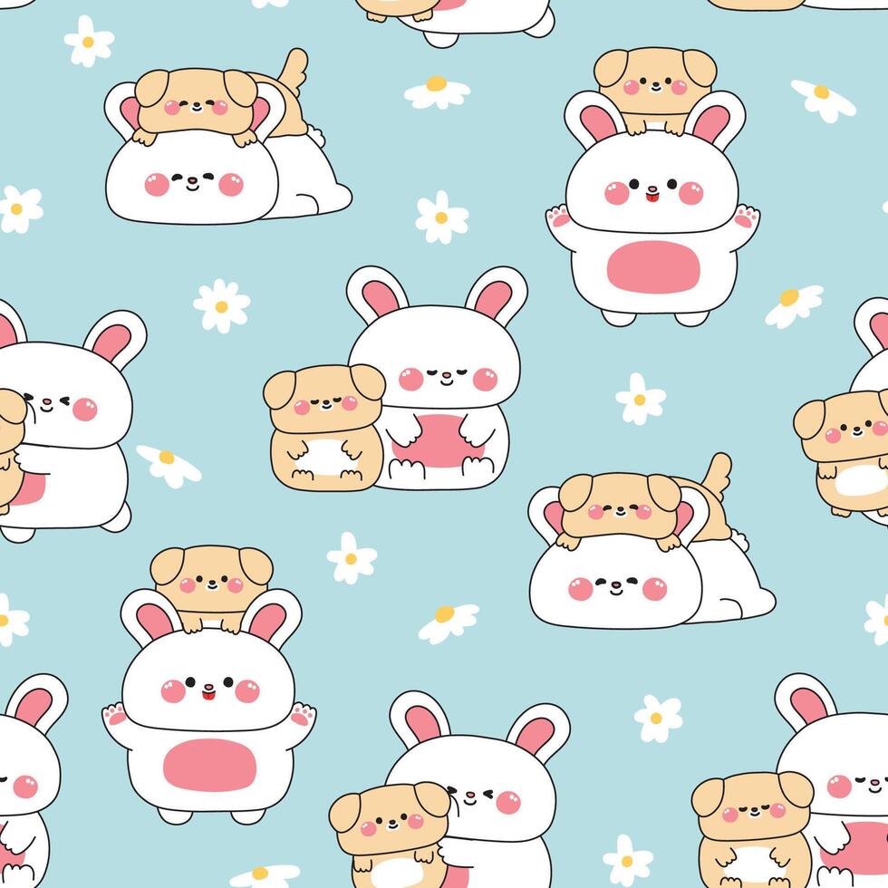 Seamless pattern of cute big rabbit and tiny puppy dog stay together in various poses with flower background.Friendship.Love.Pet and rodent animal character cartoon.Illustration. vector