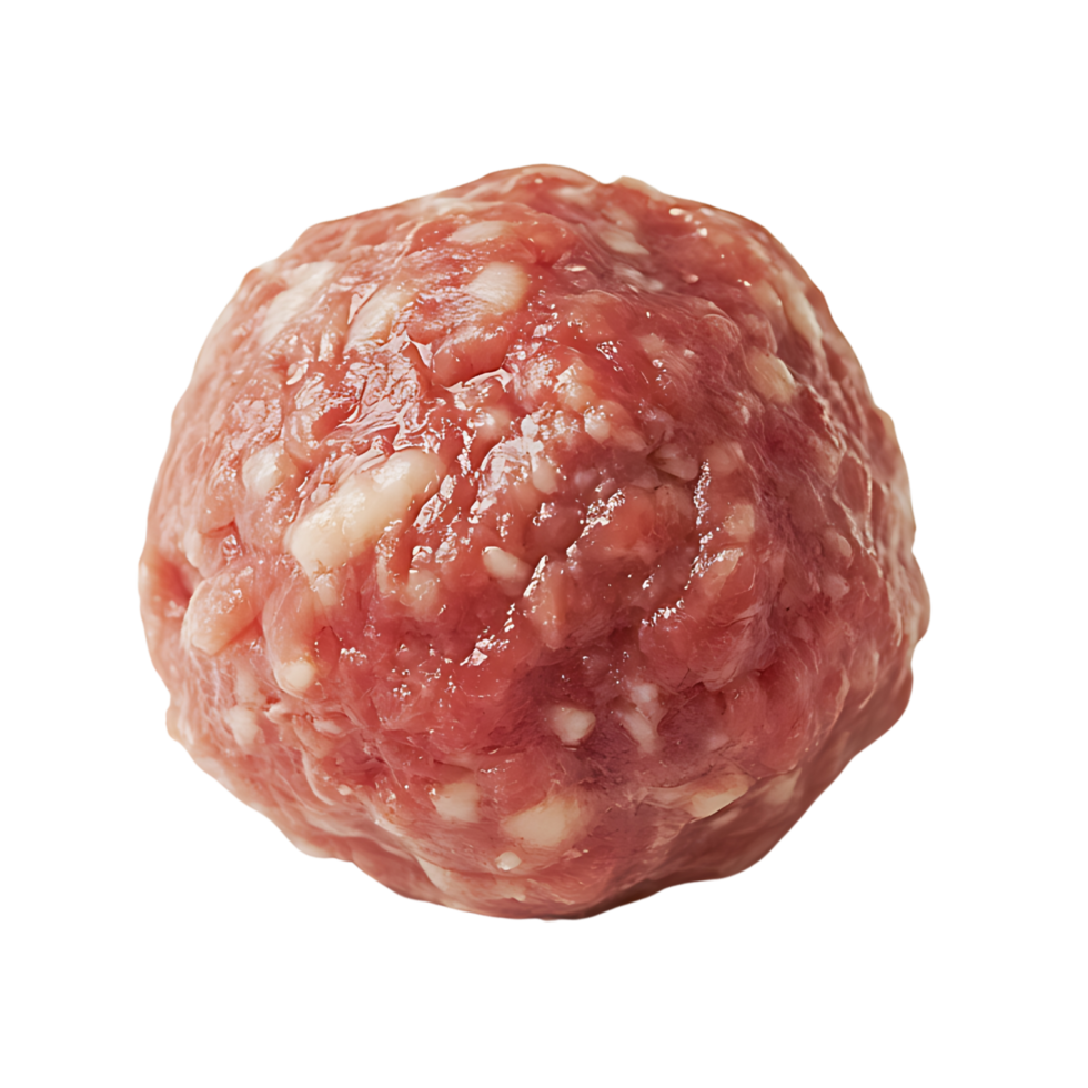 A close-up of a single raw meatball placed on a pristine surface, isolated on transparent Background png