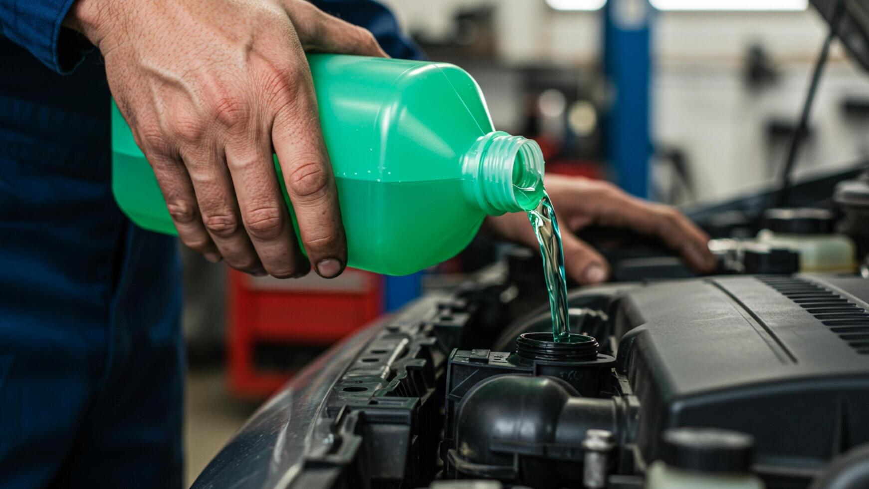 Mechanic pouring antifreeze liquid into car radiator, perfect for automotive blogs or repair manuals. photo