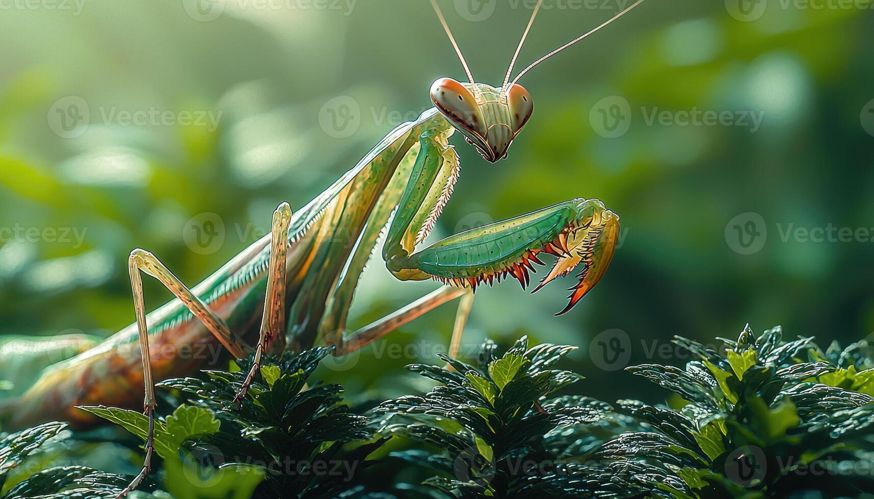 Praying mantisce is sitting on top of some plants photo