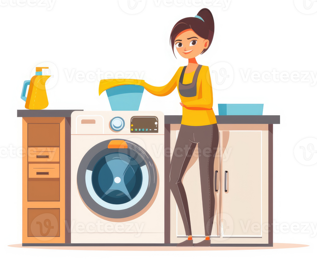 A cheerful woman loading laundry into a washing machine. png