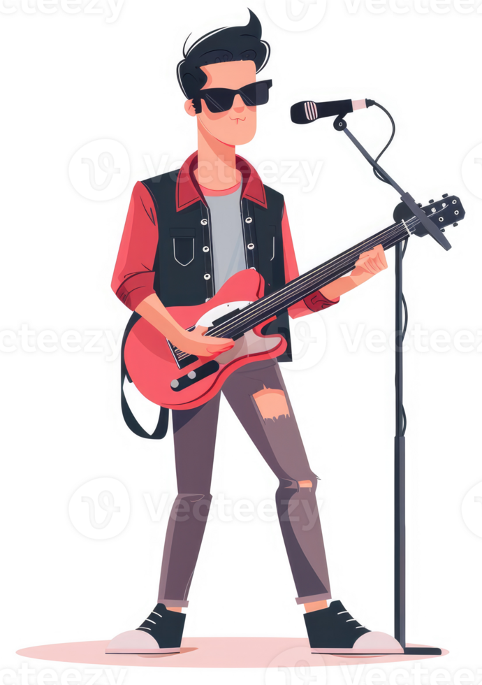 A cool musician playing a red electric guitar and singing into a microphone. png
