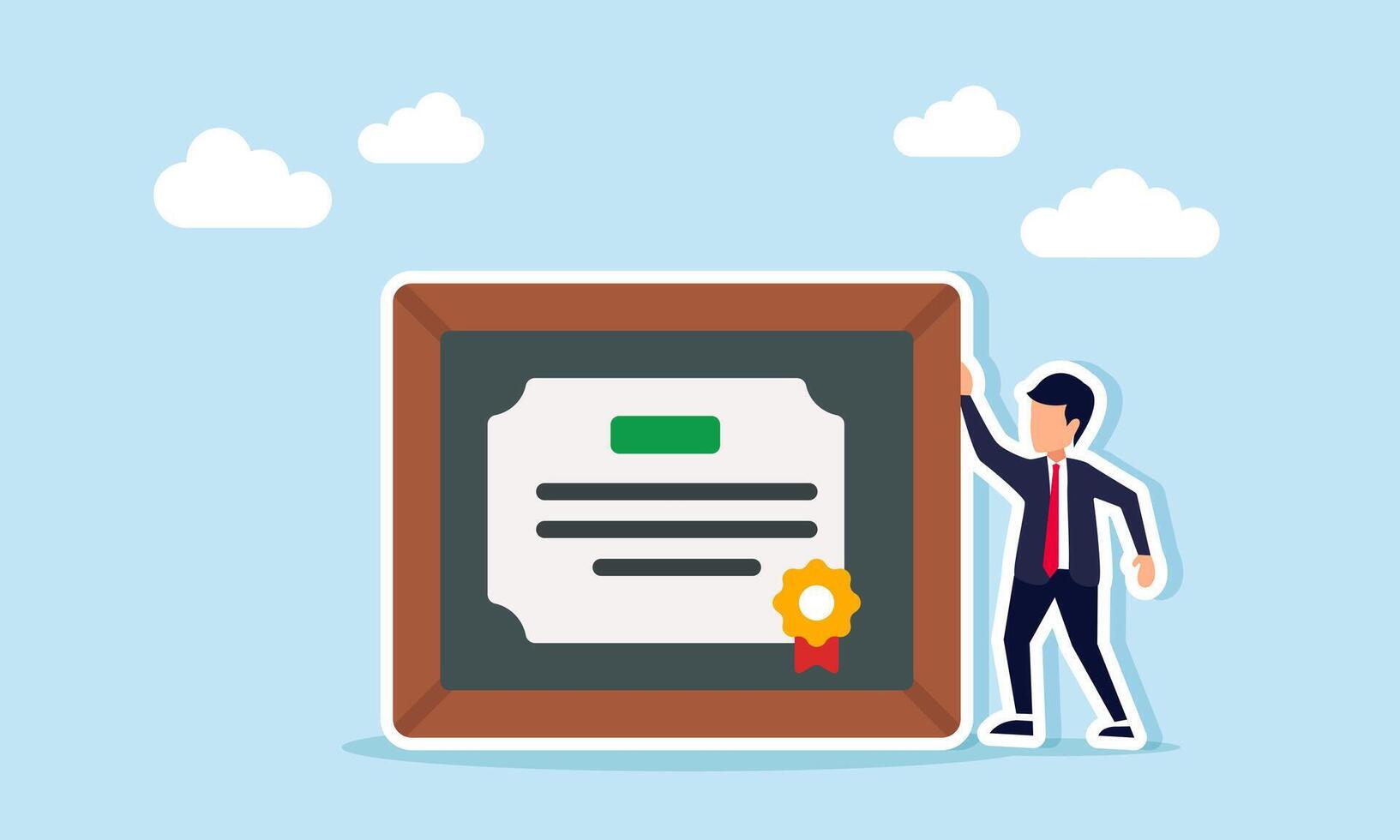 businessman standing next to a certificate, diploma, or graduation document, illustration of a certificate proving success or graduation vector