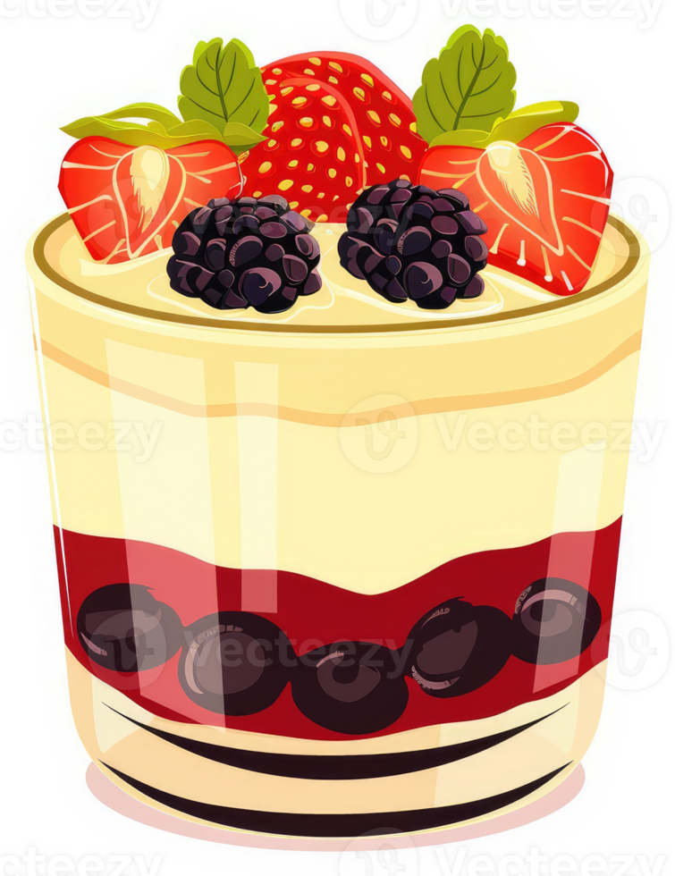 A layered dessert glass filled with fresh berries and creamy custard. png