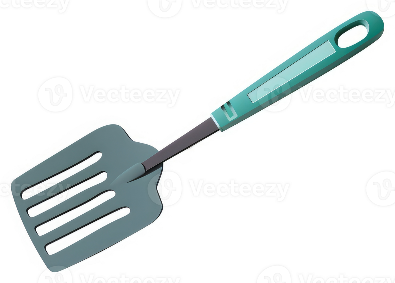 A teal-handled, slotted spatula for cooking. png