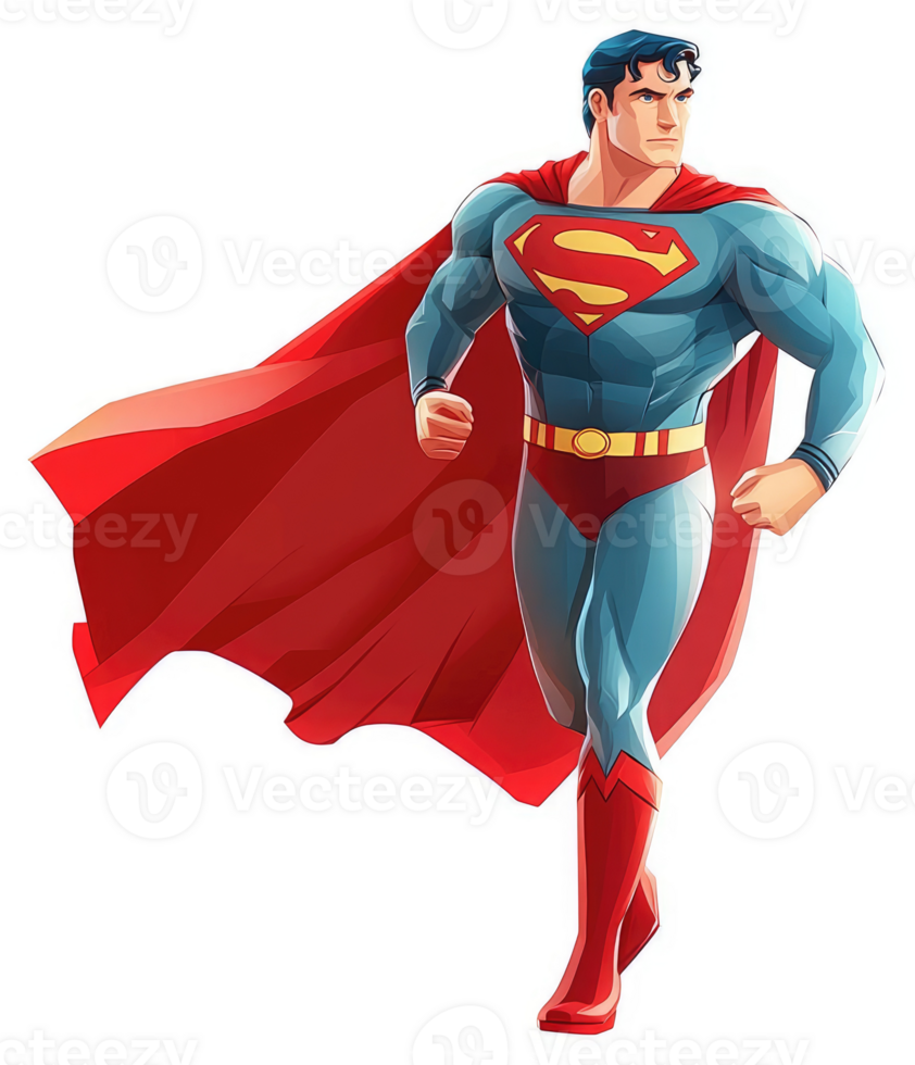 A dynamic illustration of the iconic superman, in a stylized running pose. png