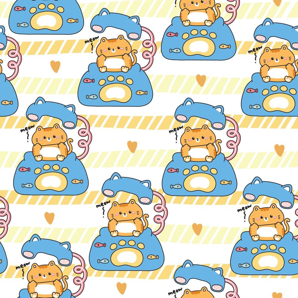 Seamless pattern of cute cat stay on classic retro telephone desk with heart background.Meow.Kid graphic.Fish and paw hand drawn.Pet animal character cartoon.Kawaii.Illustration. vector