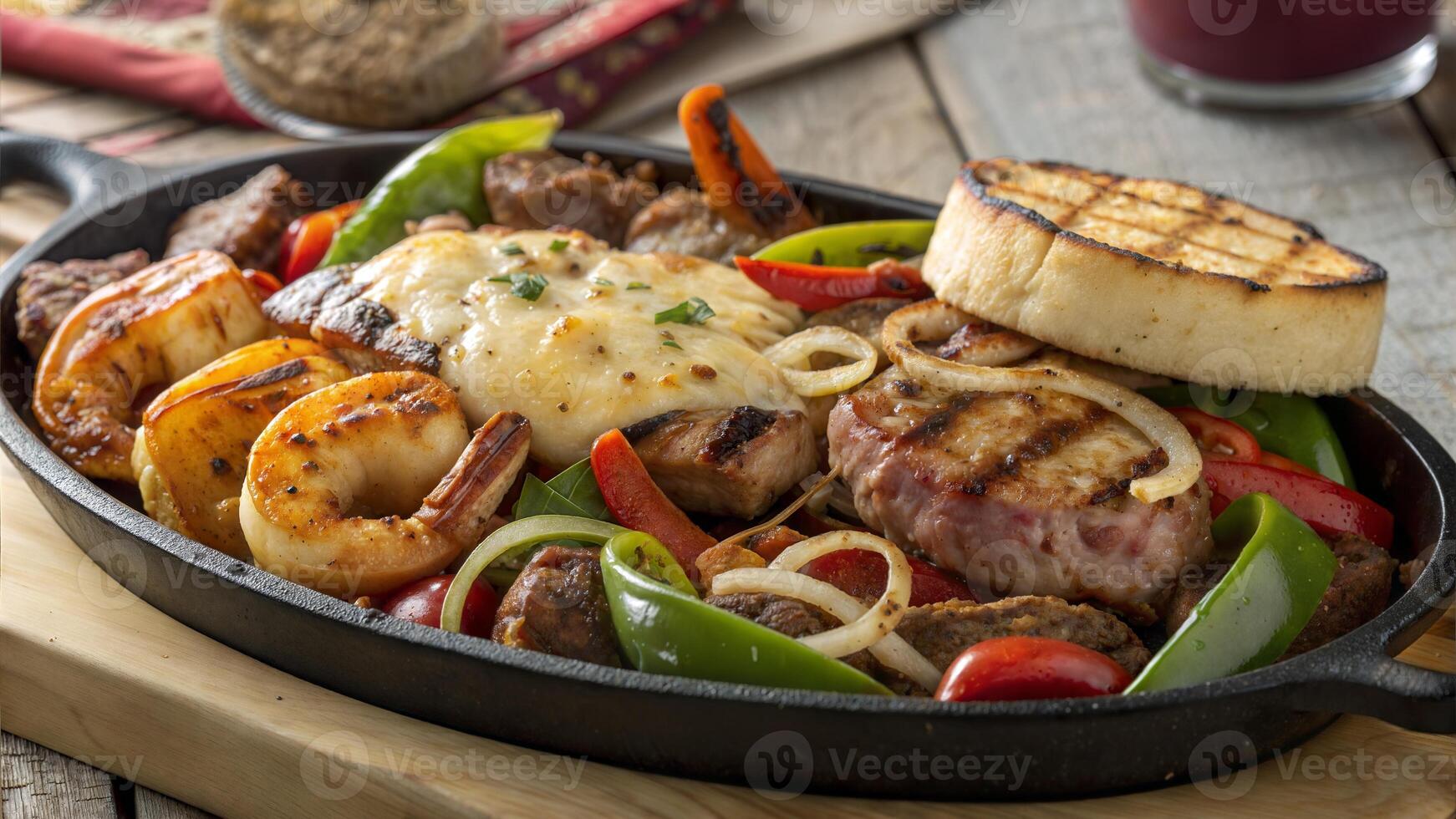 Gourmet Mixed Grilled Platter with Crispy Vegetables and Rich Melted Cheese photo