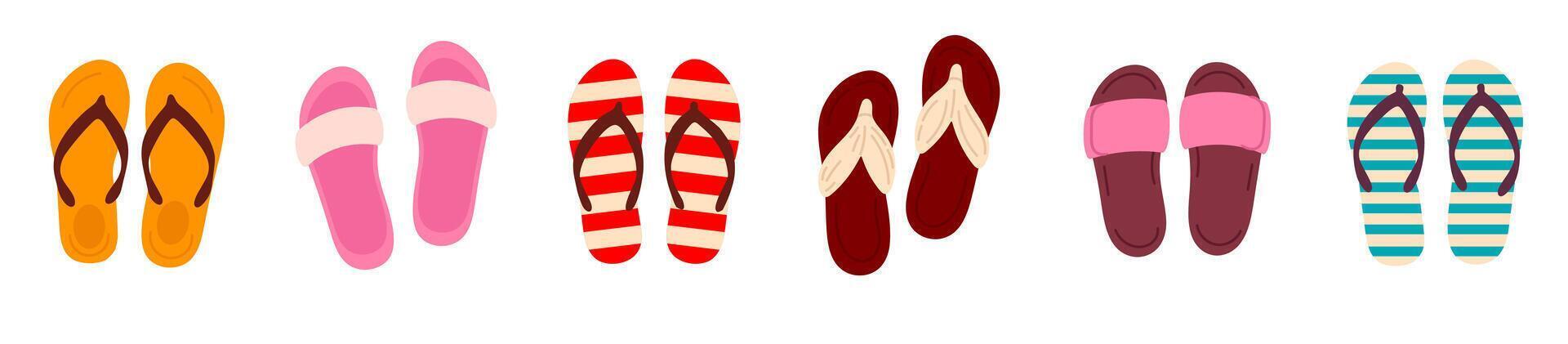 Large set of summer slippers and sandals in various colors and styles on white vector