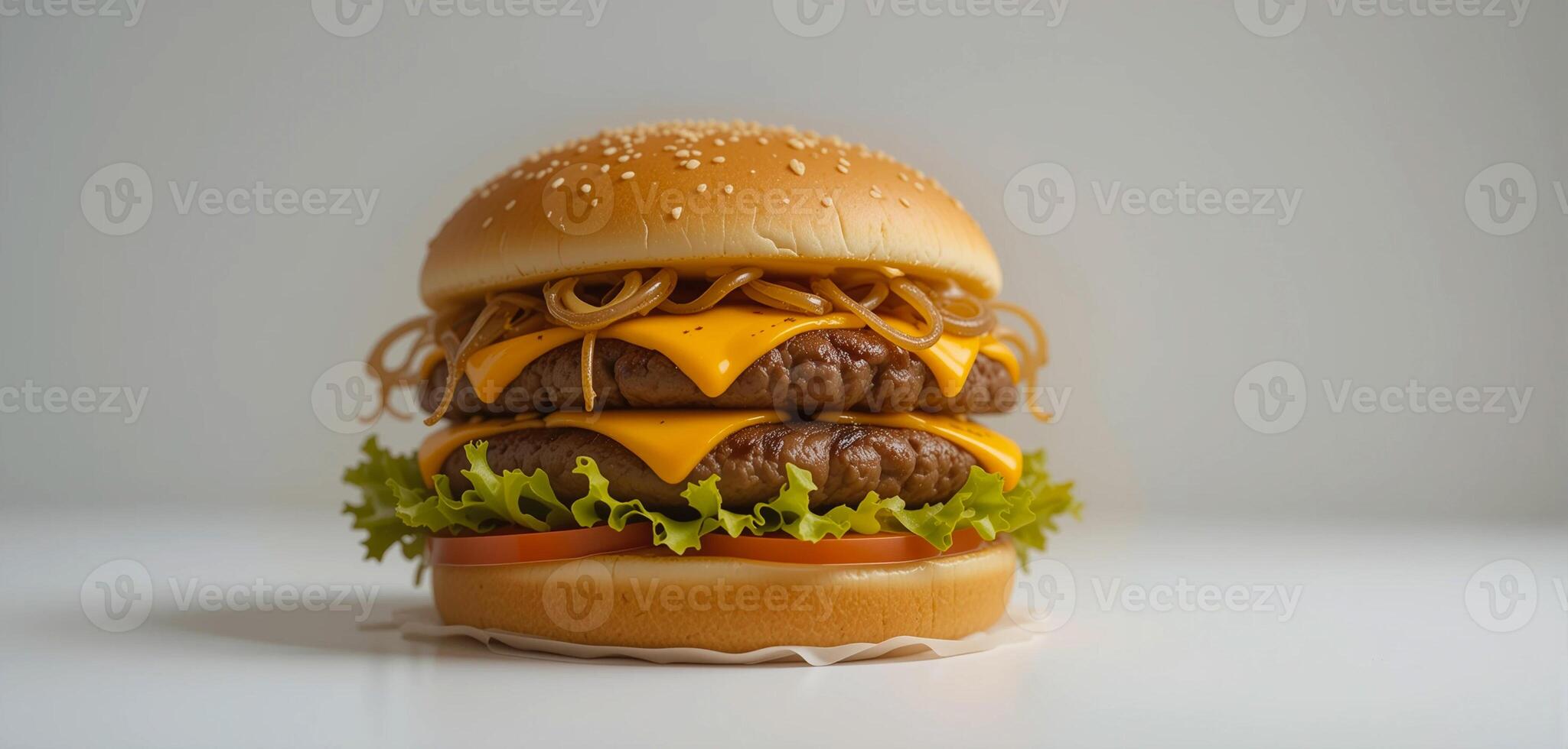 Juicy Beef Burger with Cheddar, Tomato, and Fresh Toppings Isolated on Clean White Surface photo