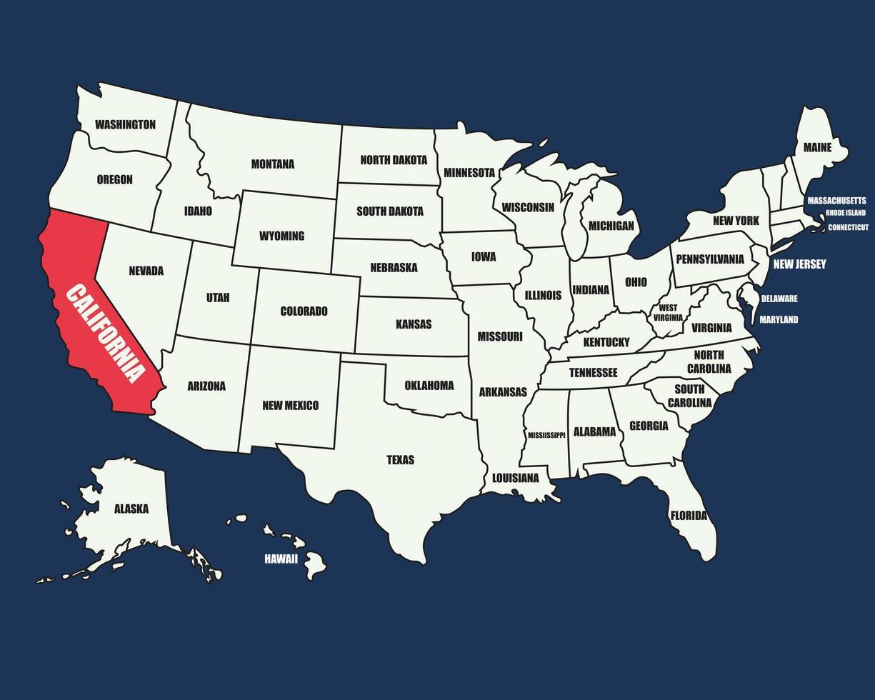 United States map with labeled states, highlighting California, perfect for education, travel, and geography use. vector