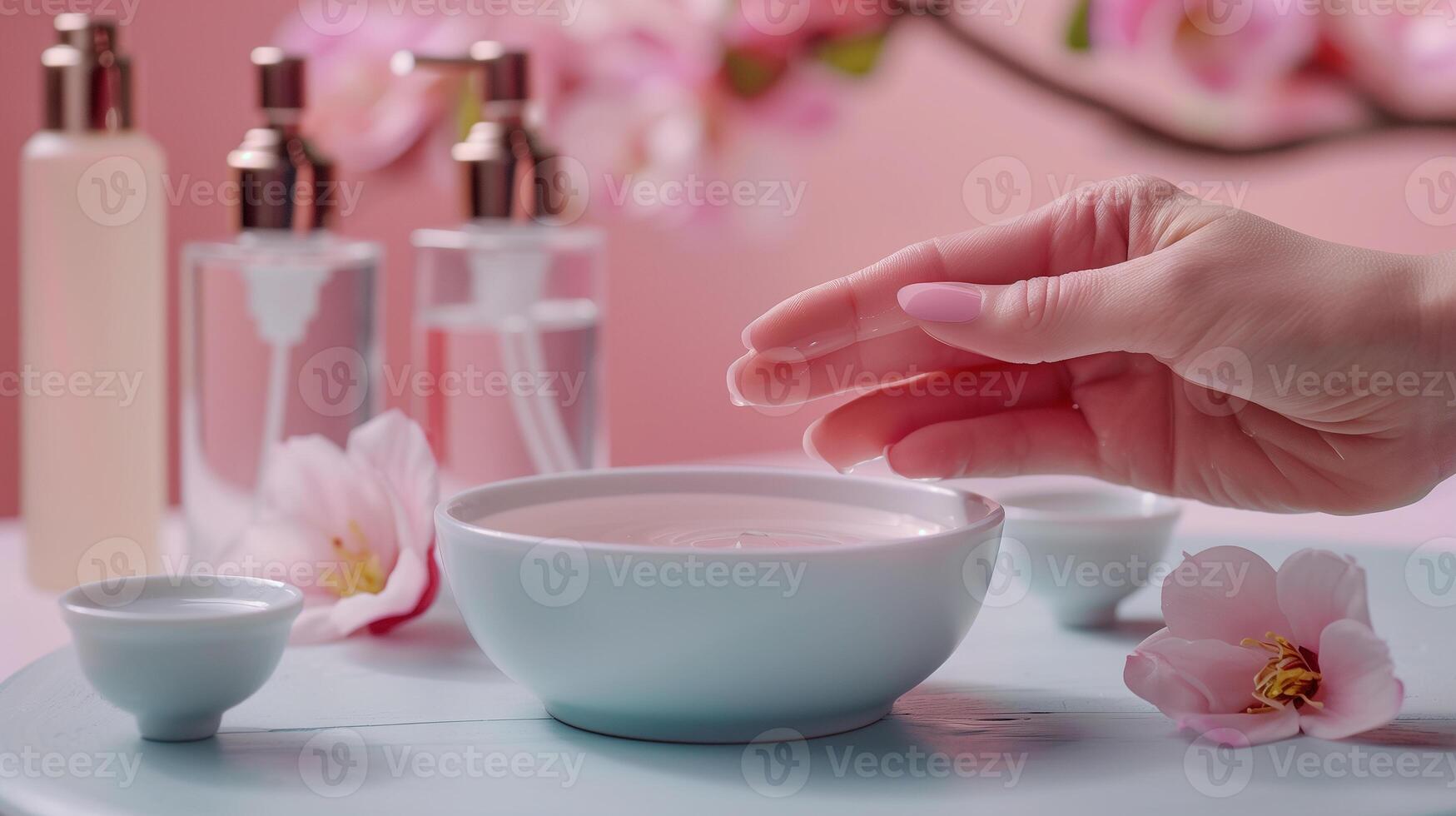 This Delicate hand dipping into a bowl while surrounded by elegant nailcare products and flowers. photo