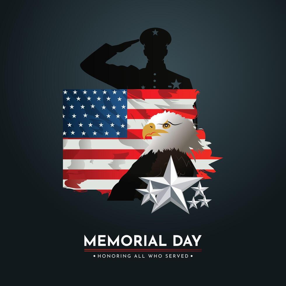 Memorial Day Remember and Honor poster. Celebrate the USA national holiday with silhouettes of soldiers and an eagle with the flag on a dark background invitation template vector