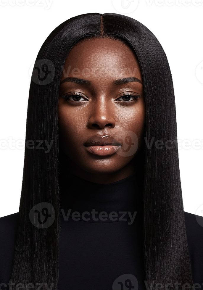 A portrait of a stunning woman with ultra long hair with straight face png