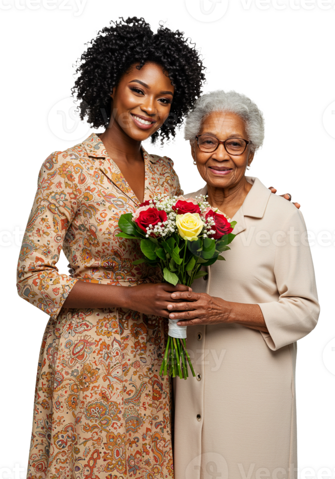 daugher and mother holding Floral Bouquet with daughter hand at mom shouder png