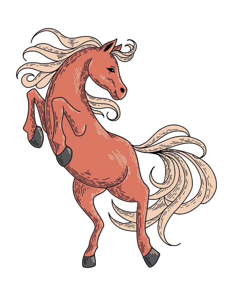 Rearing Chestnut Horse, Flat Hatched Illustration vector