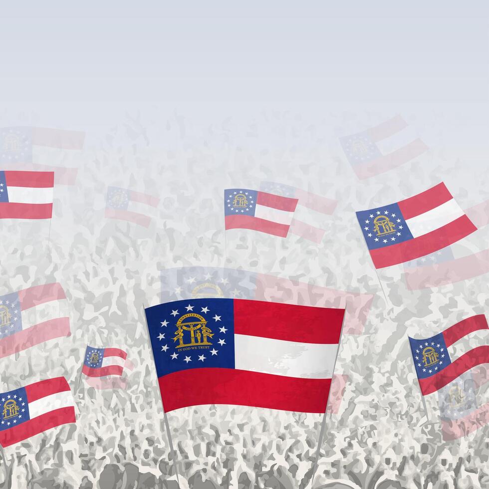 Crowd of people waving flag of US State Georgia square graphic for social media and news. vector