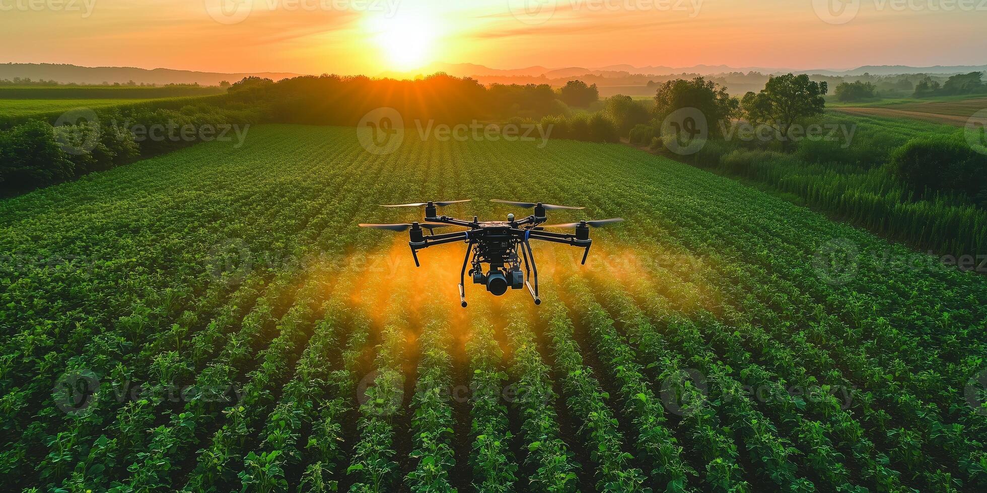 a drone flying low over a field, spraying crops with fertilizer, open landscape with blank right side for copy space photo