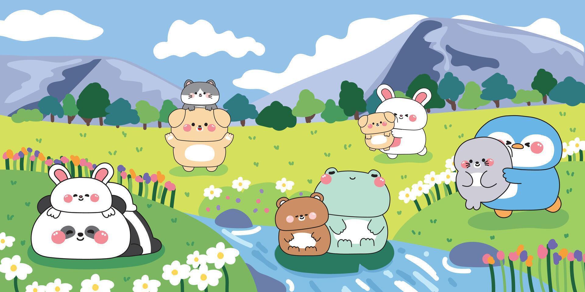 Cute animals and baby do different activities in the forest open space grass background.Panda,rabbit,frog,bear,penguin,seal,dog,cat hand drawn.Nature.Flower and mountain.Cartoon.Kawaii. vector