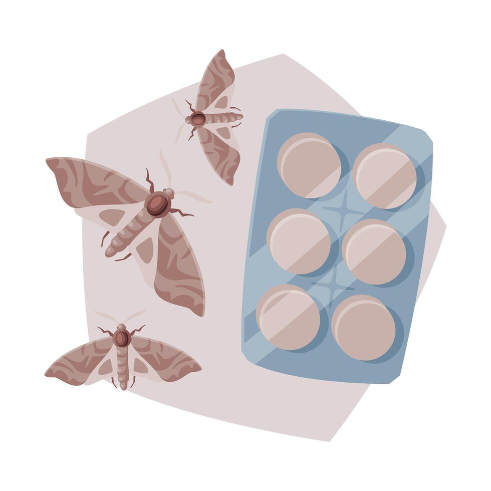 Pills Packing of Clothes Moth Insecticide, Pest Control Service, Detecting and Exterminating Insects Illustration vector