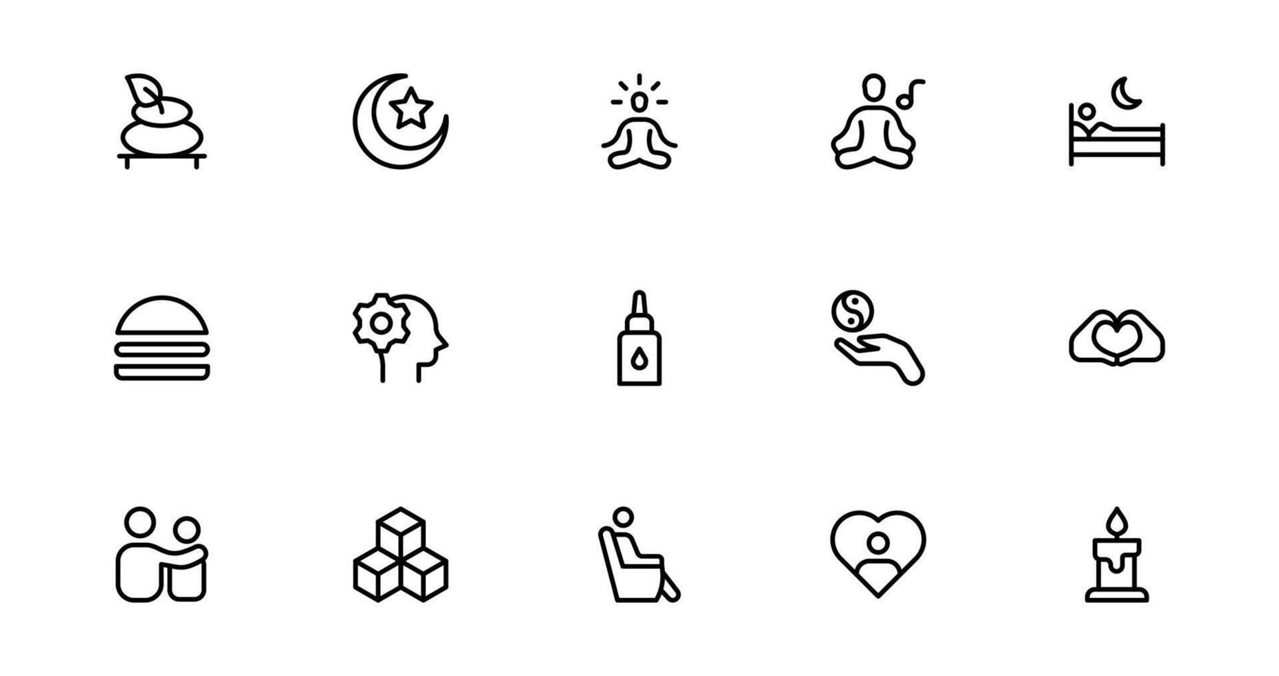 Sleep and Relaxation Icon Bundle for Peaceful and Soothing Designs. Featuring Cozy Symbols for Rest, Meditation, and Tranquility in Your Digital Work. vector