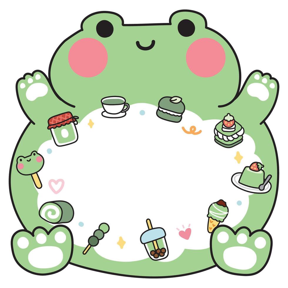 Cute fat frog have message box for text writing.Macaron,pudding,matcha,buble milk tea,rolled cake icon hand drawn frame.Image for sticker,paper note,decoration.Animal cartoon.Kawaii. vector