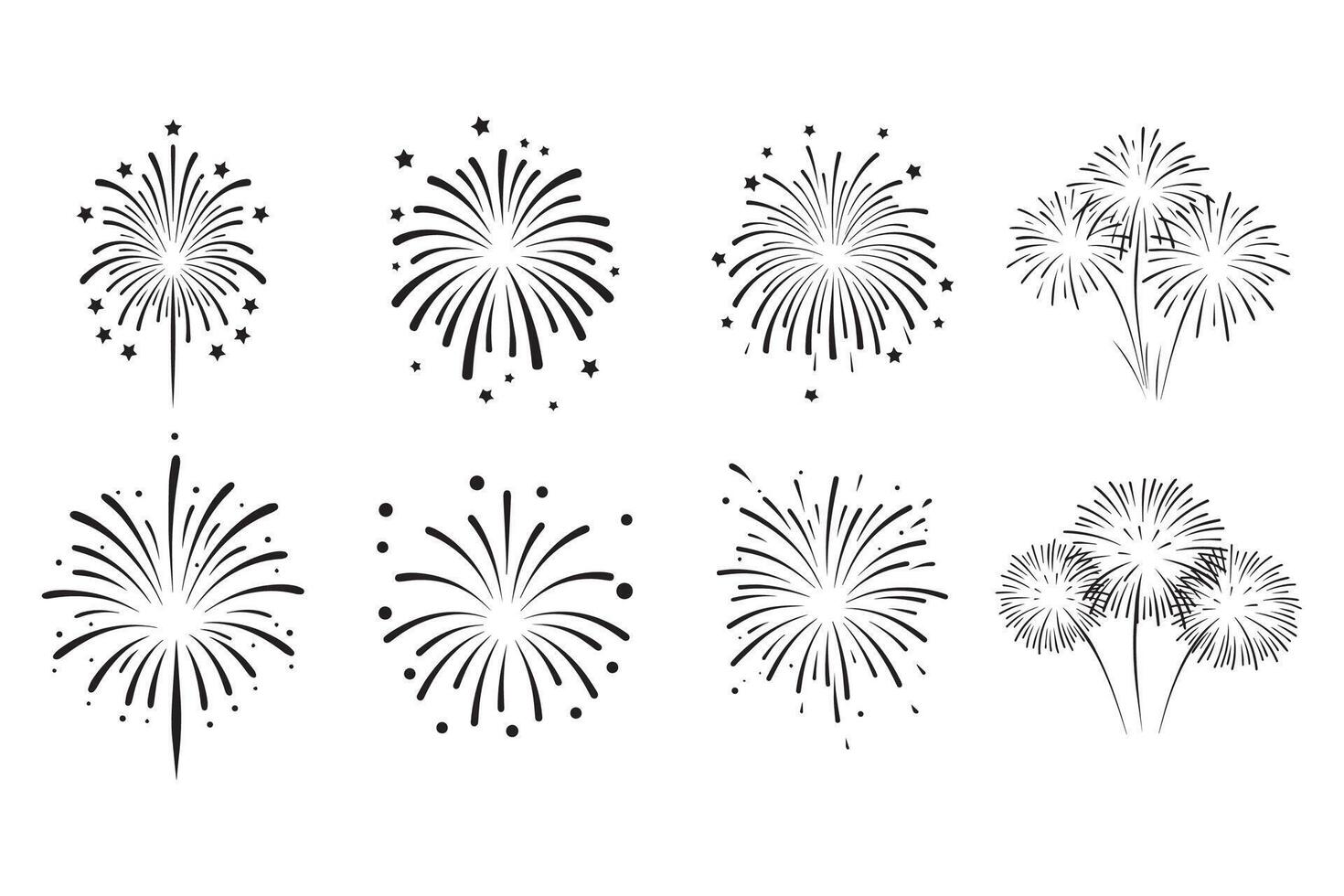 Fireworks in Different Styles Representing Exploding Spark Bursts for Celebration Graphics Set vector