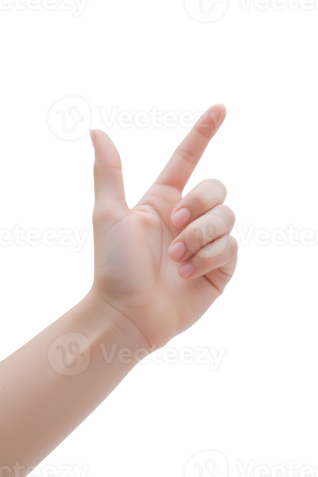 A fair skin hand doing a gun gesture with a transparent background png