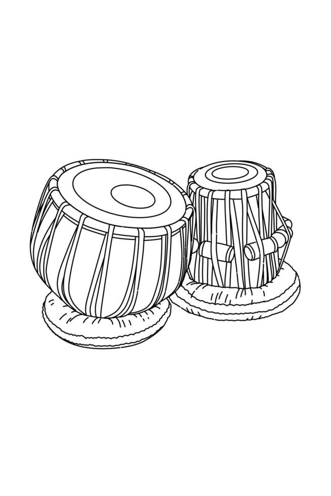 Tabla music percussion instrument coloring page. Black and white line music drawing vector