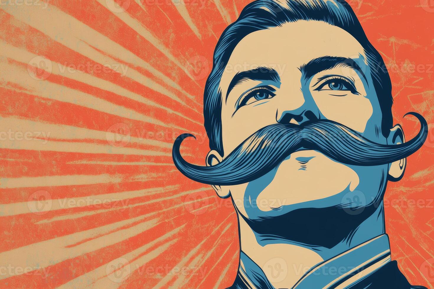 Retro banner ad showcasing a man with a large mustache promoting a mustache-themed event in a vibrant and colorful style photo