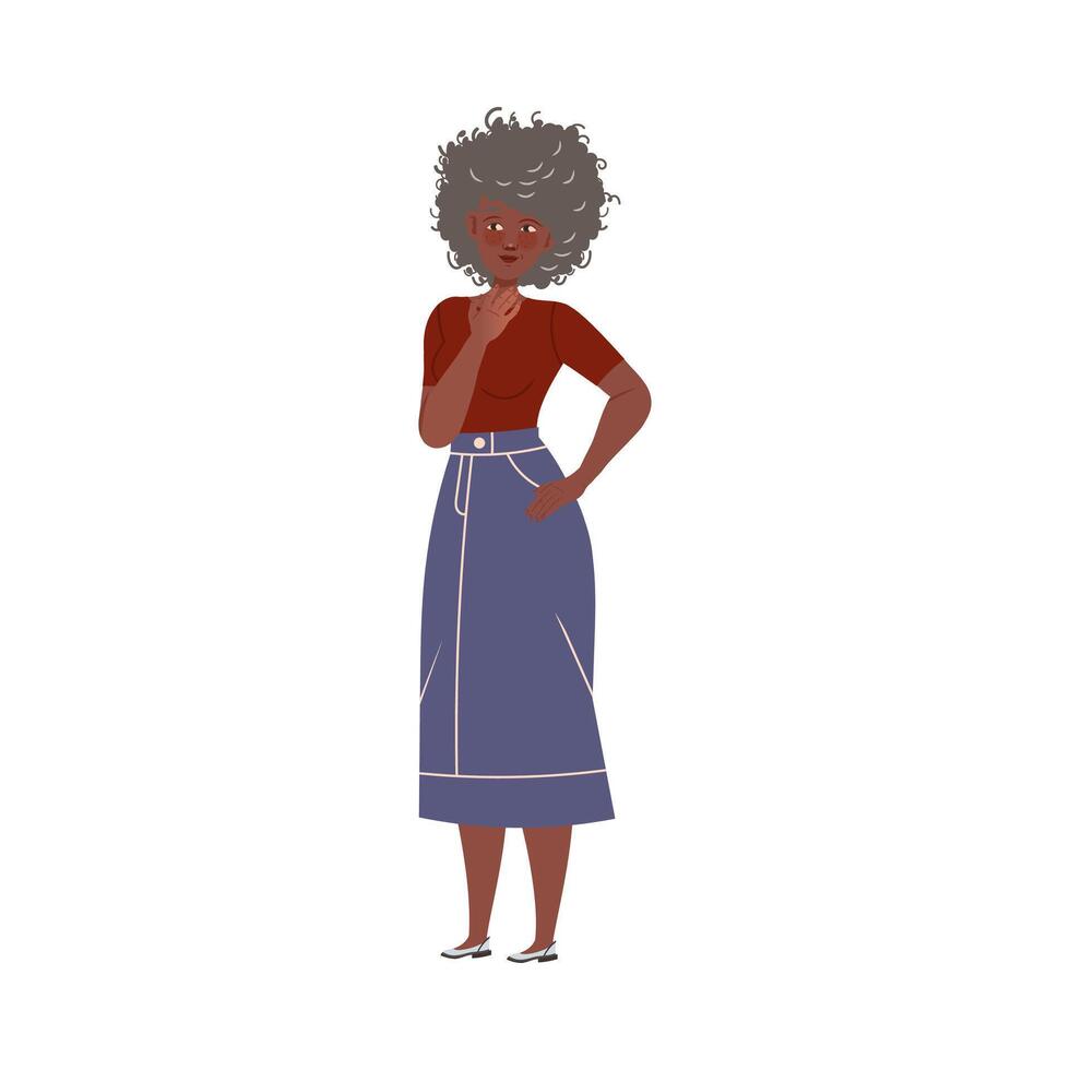 Grey Haired Female in Blue Denim Skirt Looking at Somethign with Satisfied Face Illustration vector