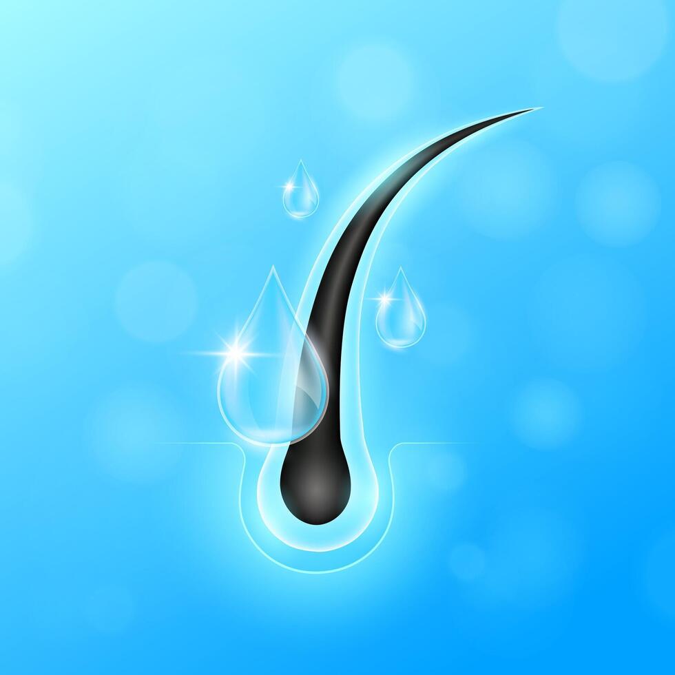Drops blue serum fall into hair. Hair care too vitamins minerals collagen. Follicles from brittleness, damage make soft and shiny. Shampoo and salon treatment ads. EPS 10. vector