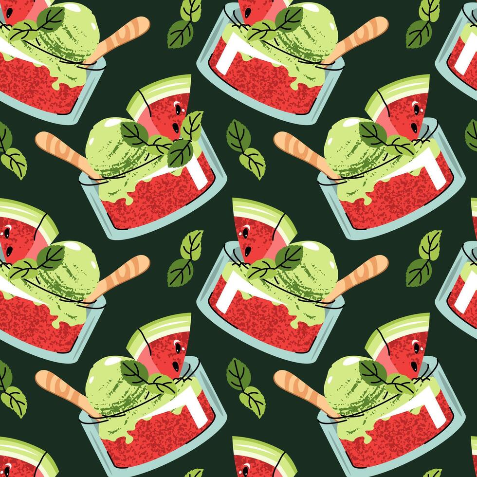 Watermelon sorbet seamless pattern. Background with glass bowl with ice cream,fresh slice watermelon and mint leaves. Summer textiles, dessert packaging, cafe decor. vector