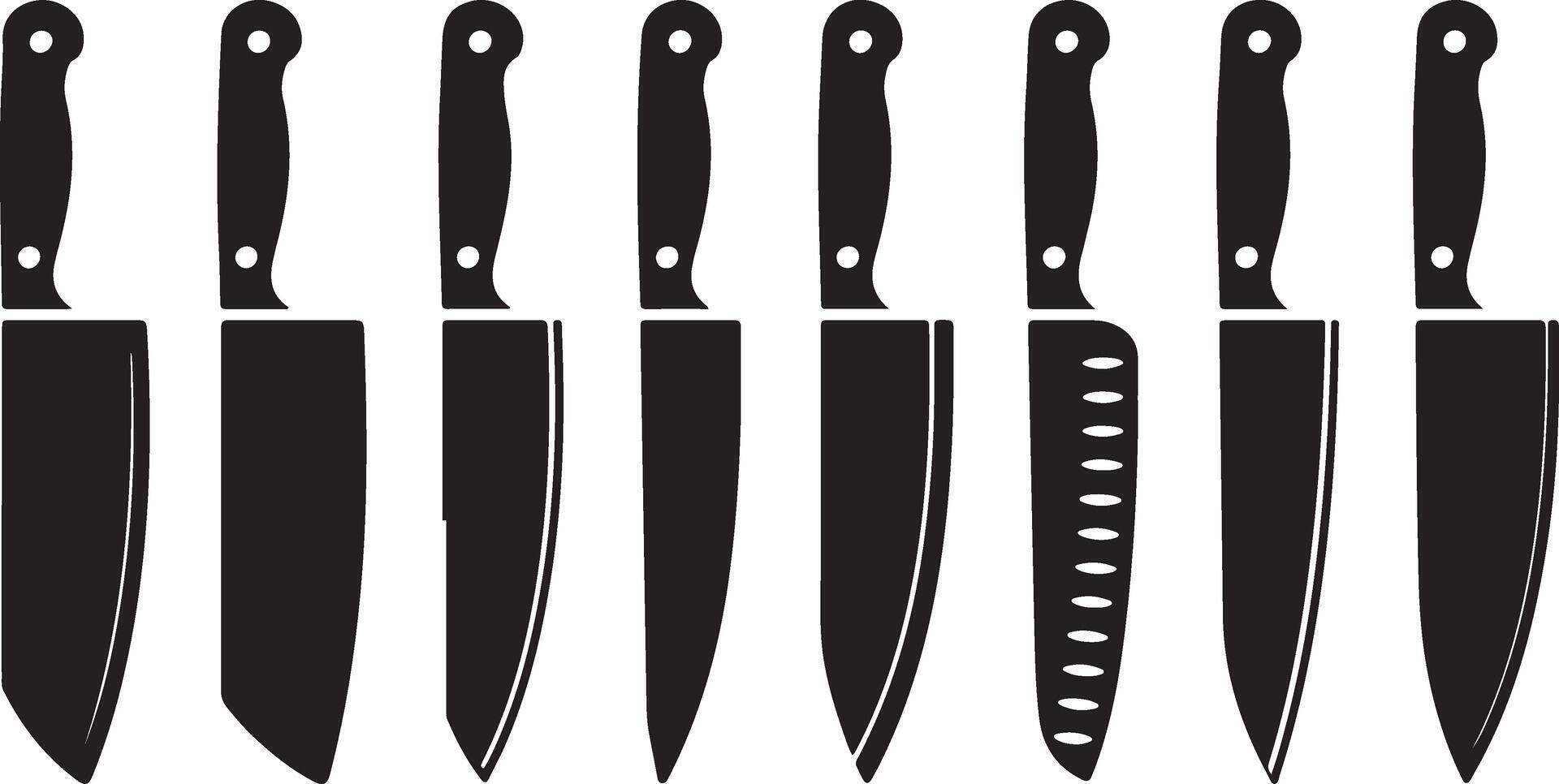 Collection of Black Kitchen Knives Chefs, Paring, Utility Blades. vector