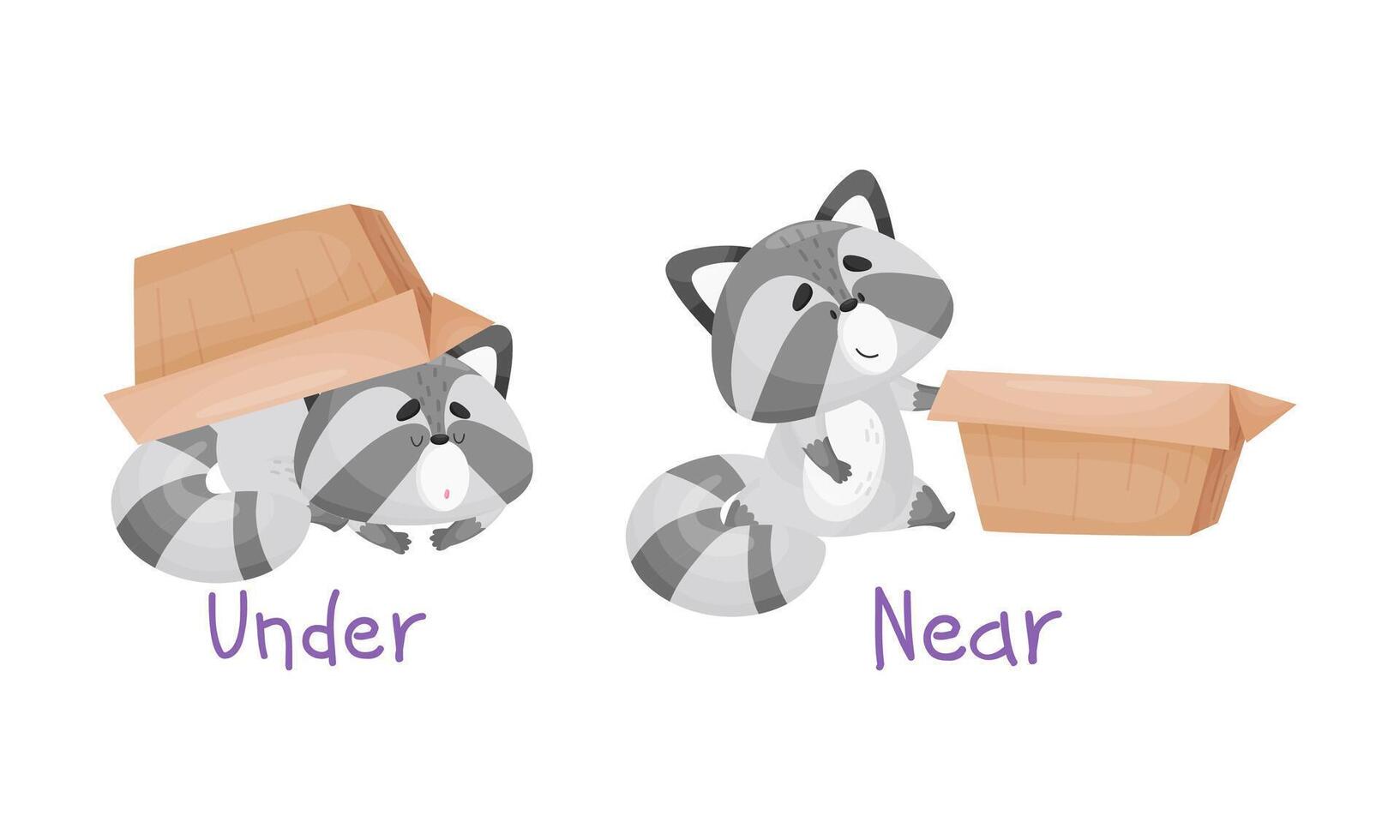 Learning English preposition set. Cute cat under and near the box. Educational visual material cartoon illustration vector