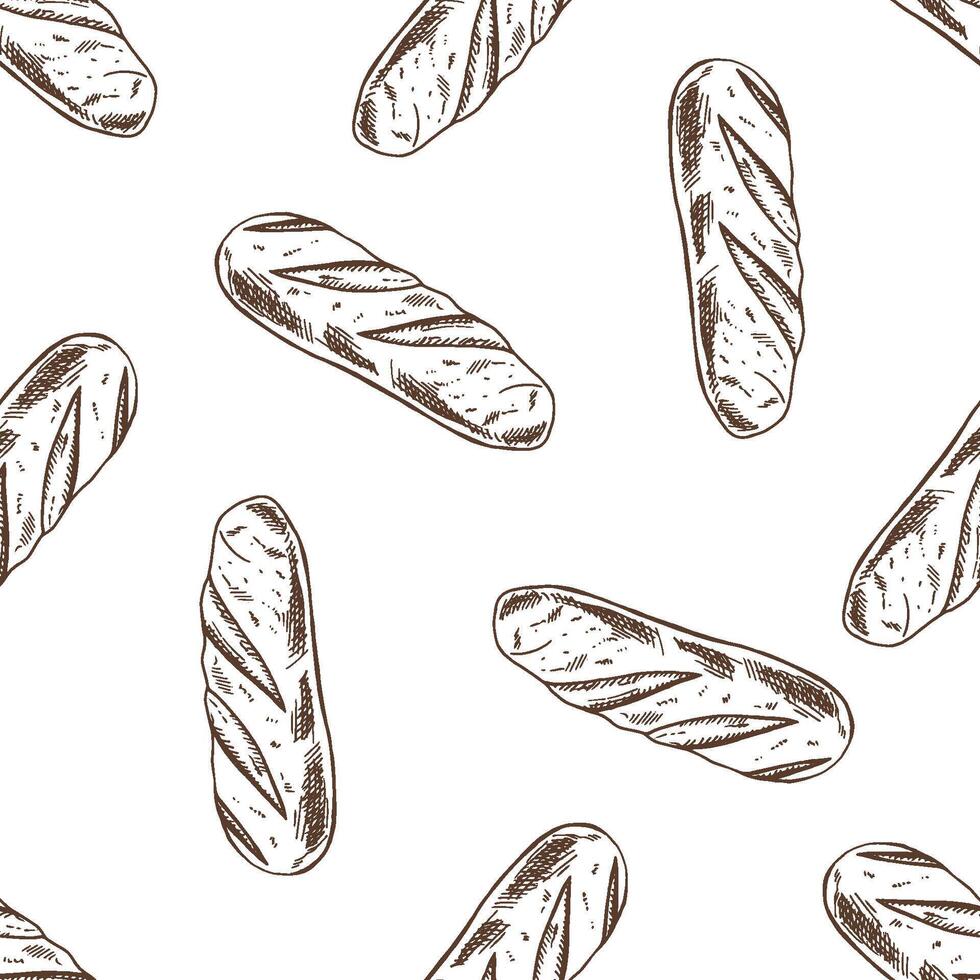 Hand drawn vintage seamless pattern of baguette bread in monochrome engraving style, classic outline food illustration vector