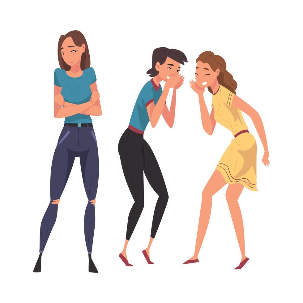 Two Female Friends Cynically Gossiping and Giggling Behind the Back of Sad Stressed Girl Cartoon Illustration on White Background vector