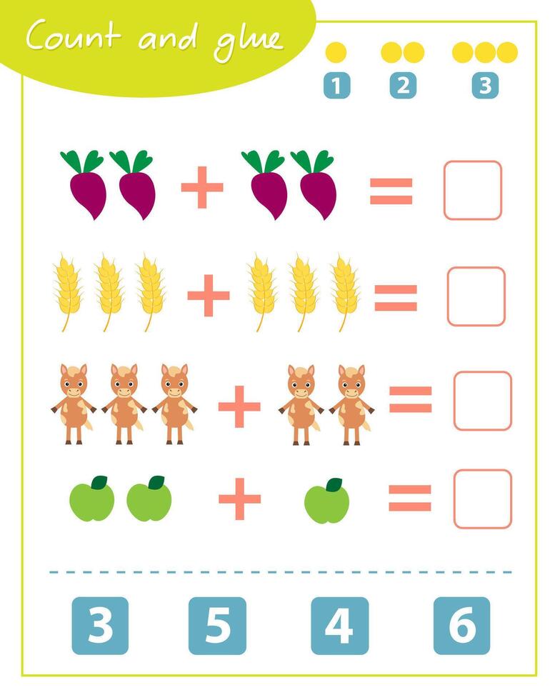 Count and glue game with horse. Education for children. Composition of numbers 1-6. vector
