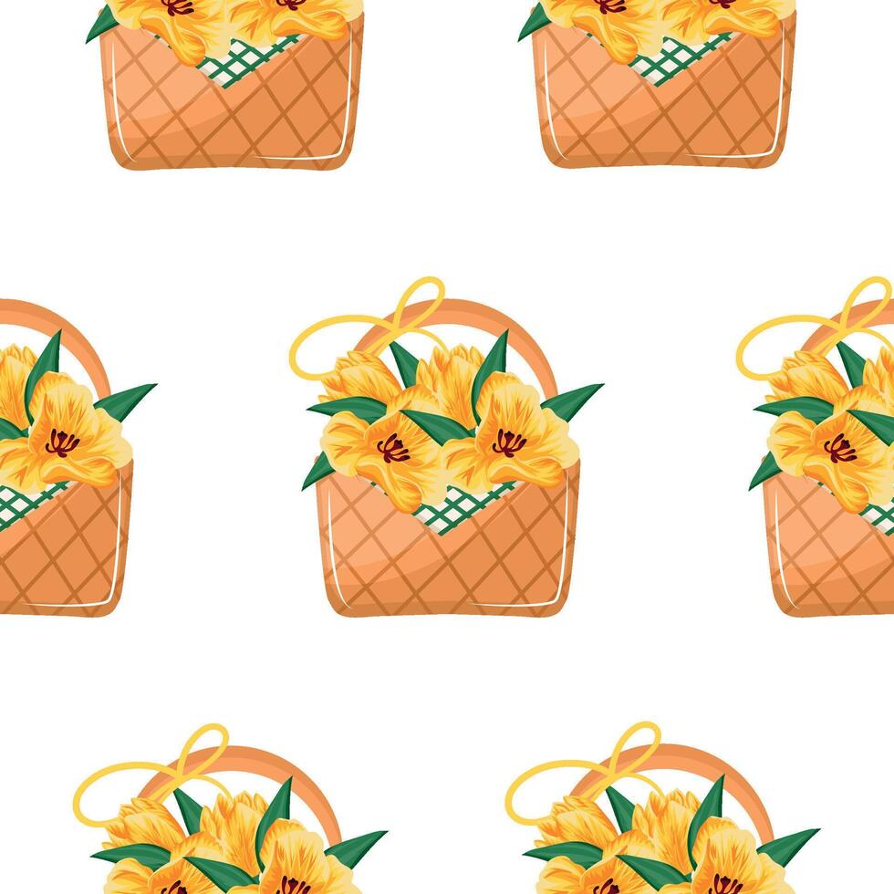 pattern with a woven straw basket with spring, yellow tulips and a banquet, for various designs vector