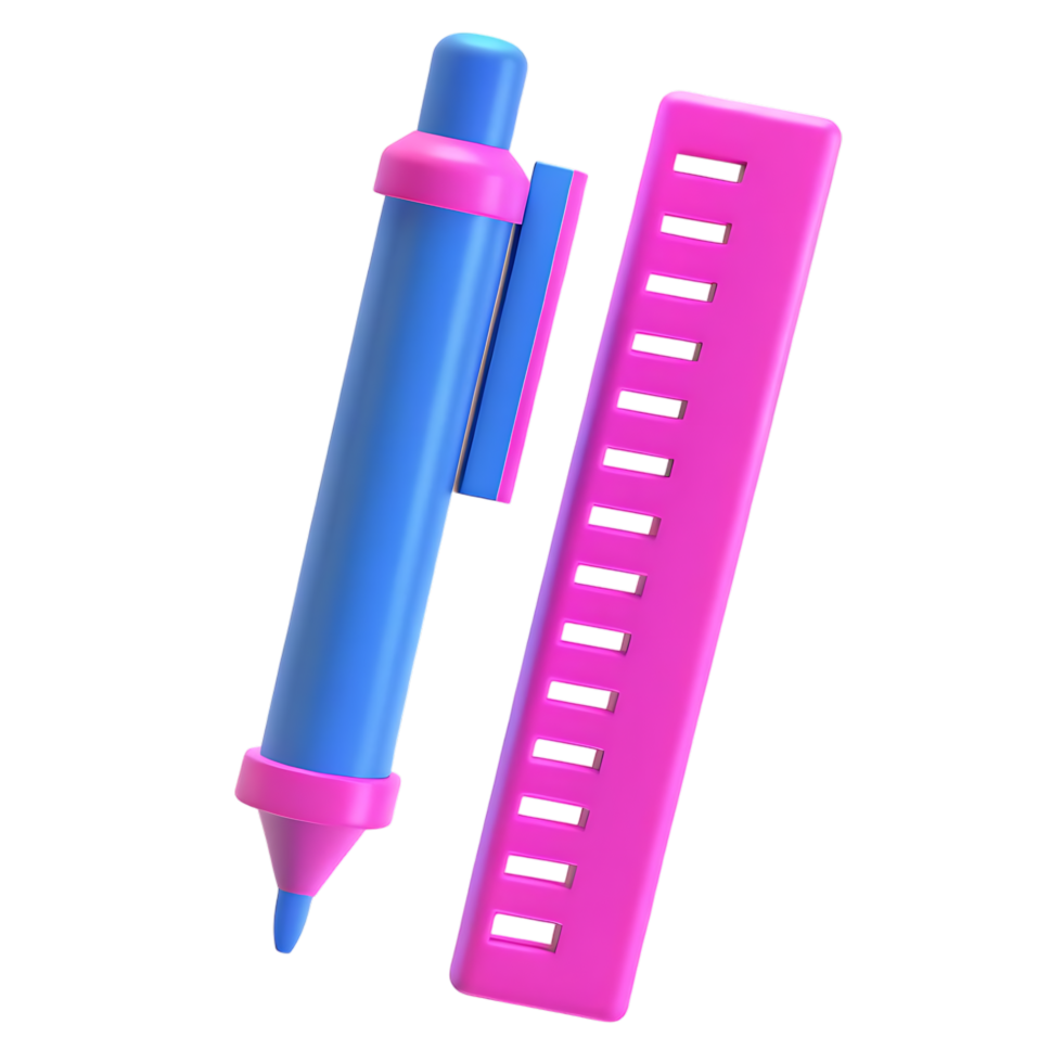 Pink and Blue Pen and Ruler 3D Render Design png