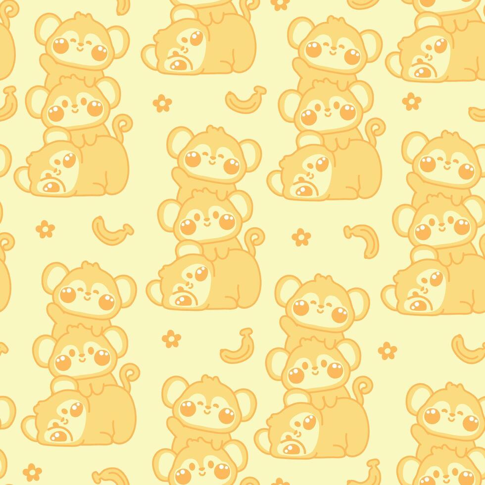 Seamless pattern of cute monkey stay on top each other greeting with banana and flower background.Wild animal character cartoon design.Relax.Lay.Kawaii.Illustration. vector