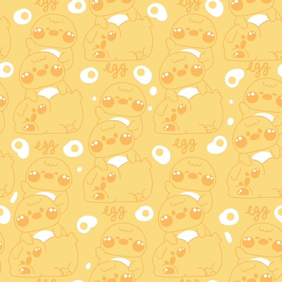 Seamless pattern of cute chicken stay on top each other greeting fried egg line hand drawn background.Farm bird animal character cartoon design.Relax.Lay.Kawaii.Illustration. vector