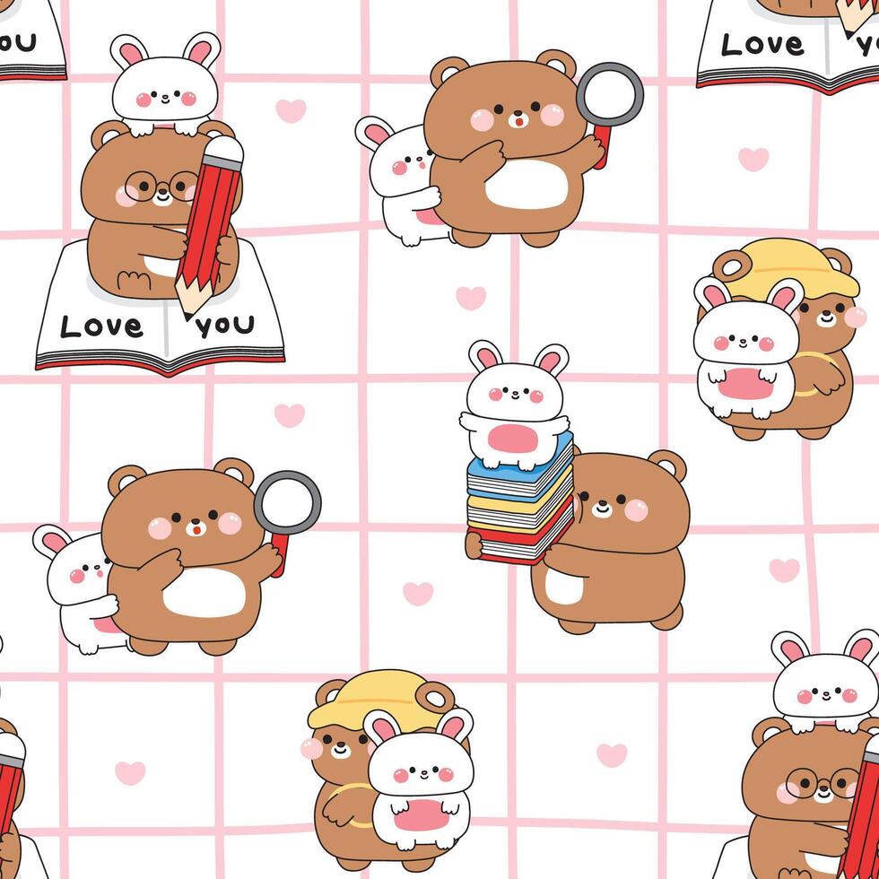 Seamless pattern of cute teddy bear and rabbit in back to school concept background.Student and teacher.Book and pencil.Study learn.Wild and rodent animal character cartoon.Kawaii.Illustration vector