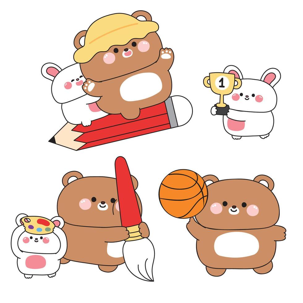 Set of cute teddy bear and rabbit in back to school concept.Student and teacher.Basketball,brush,pencil,trophy.Study learn.Wild and rodent animal character cartoon.Kawaii.Illustration vector
