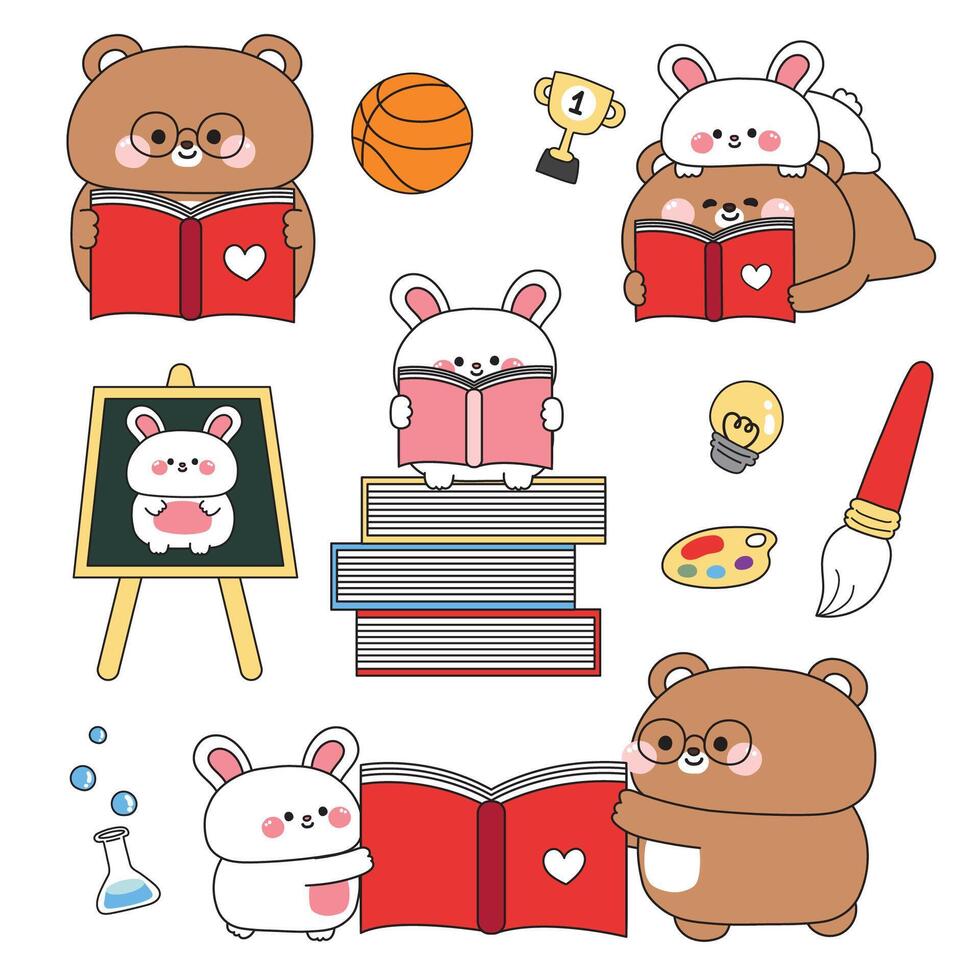 Set of cute teddy bear and rabbit in back to school concept.Student and teacher.Brush,basketball,science experiment bottle,pencil,trophy.Study learn.Wild and rodent animal character cartoon. vector